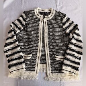 Talbots Black and White Patterned Mixed Knit Open Front Sweater Size Petite L